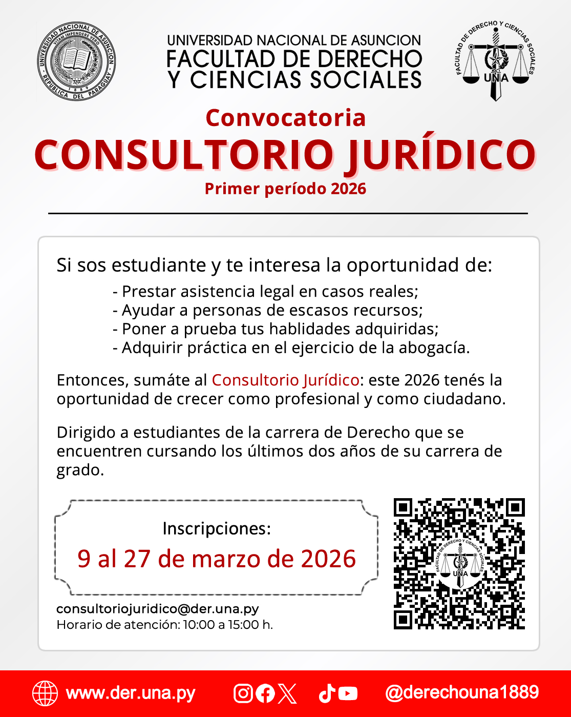 Flyer promocional para primera convocatoria 2026 del Consultorio Jurídico FDCS UNA.